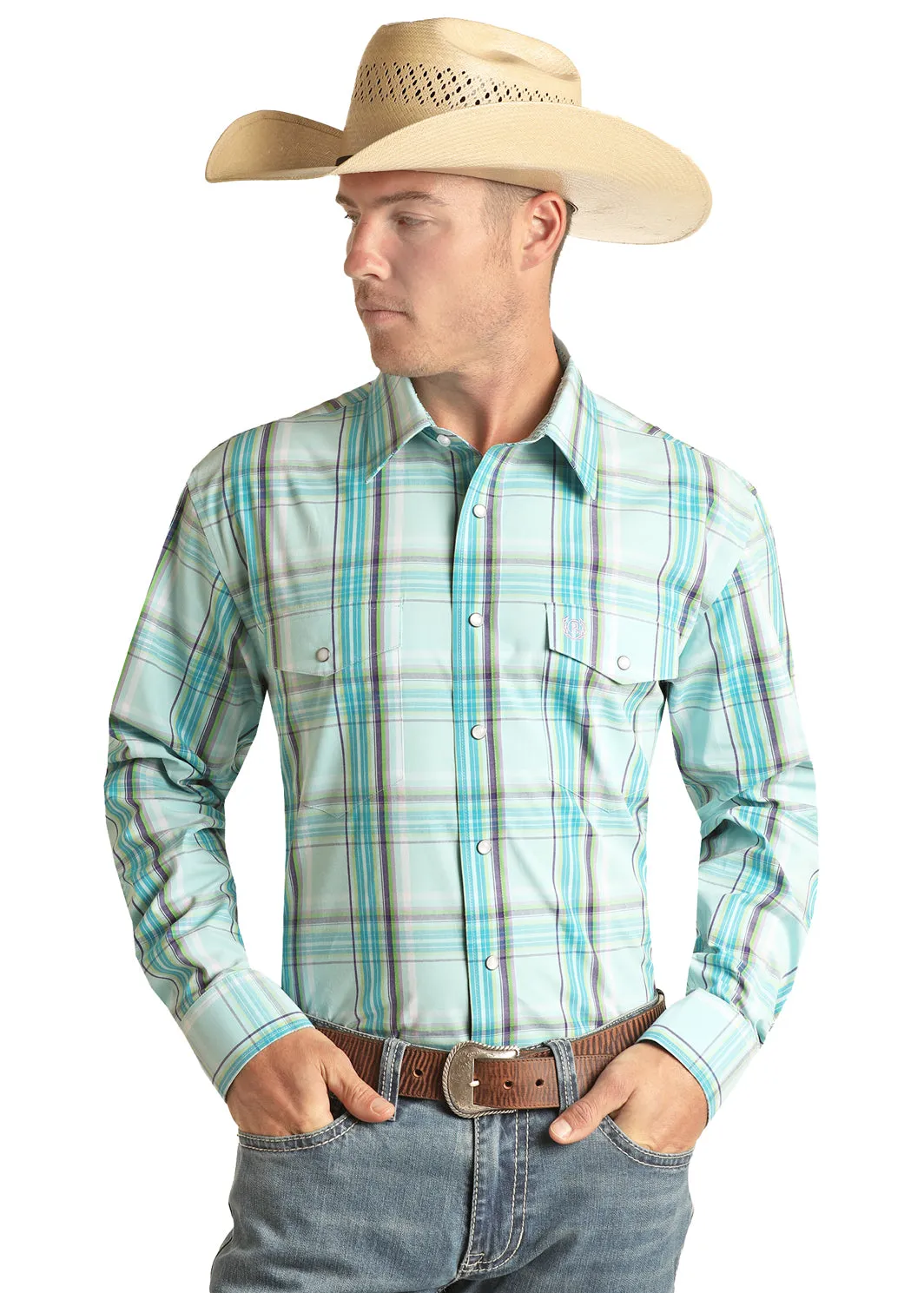 Panhandle Slim® Men's Turquoise Plaid Long Sleeve Snap Front Western Shirt