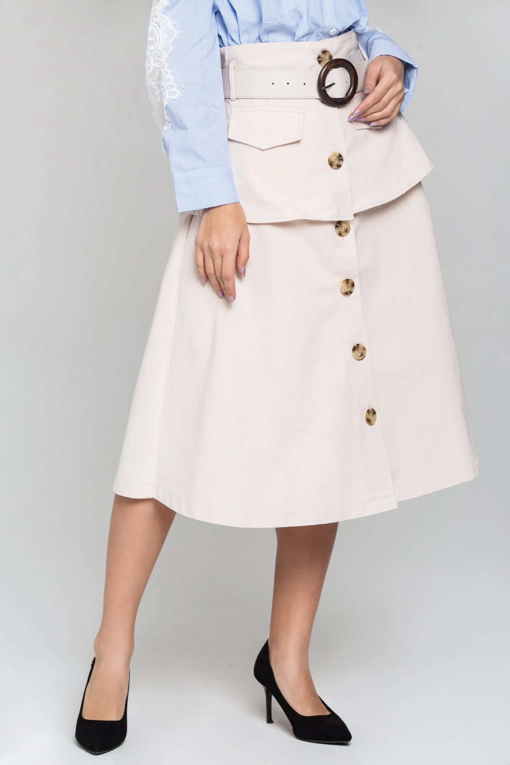 Peach Front Button Belted Skirt