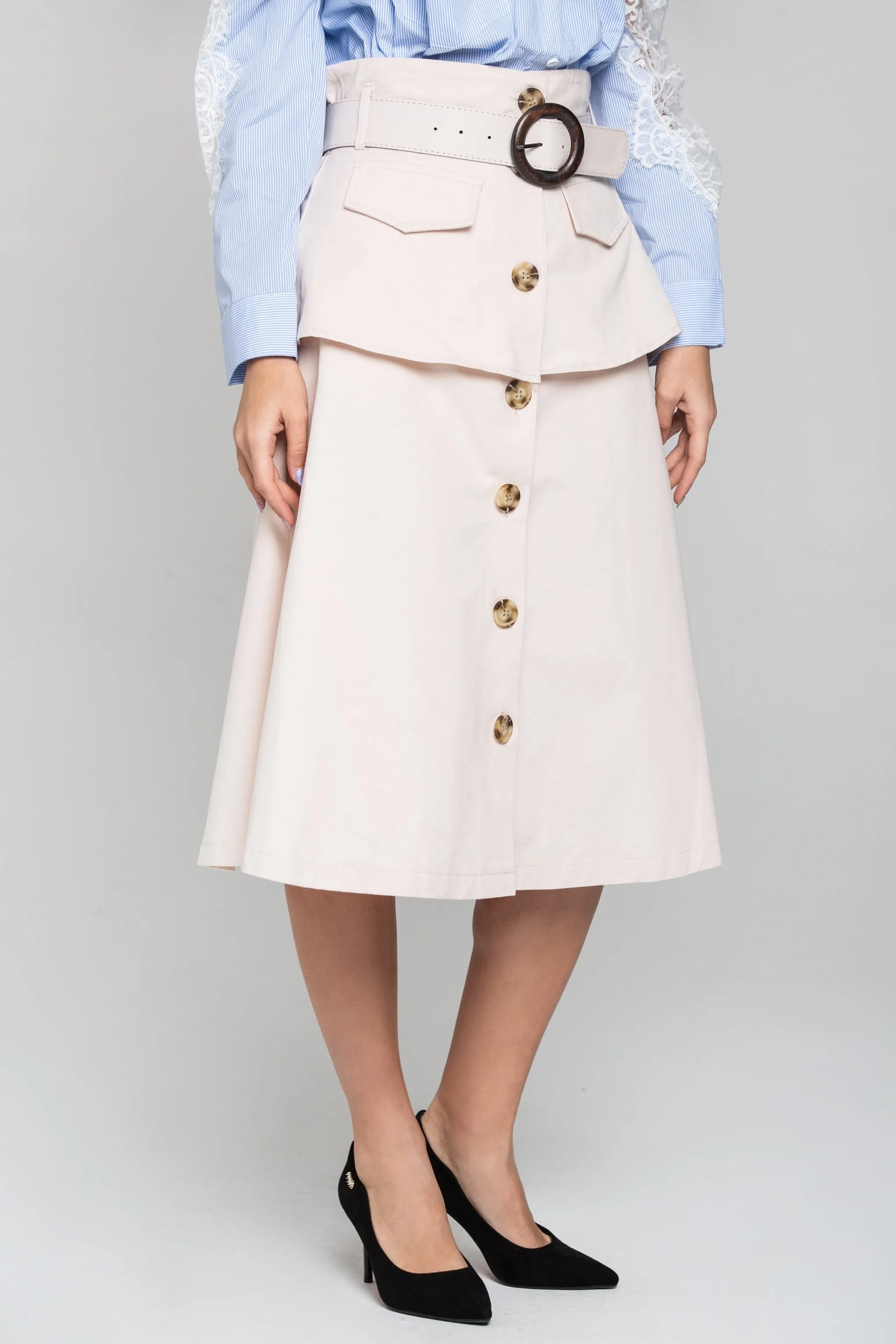 Peach Front Button Belted Skirt