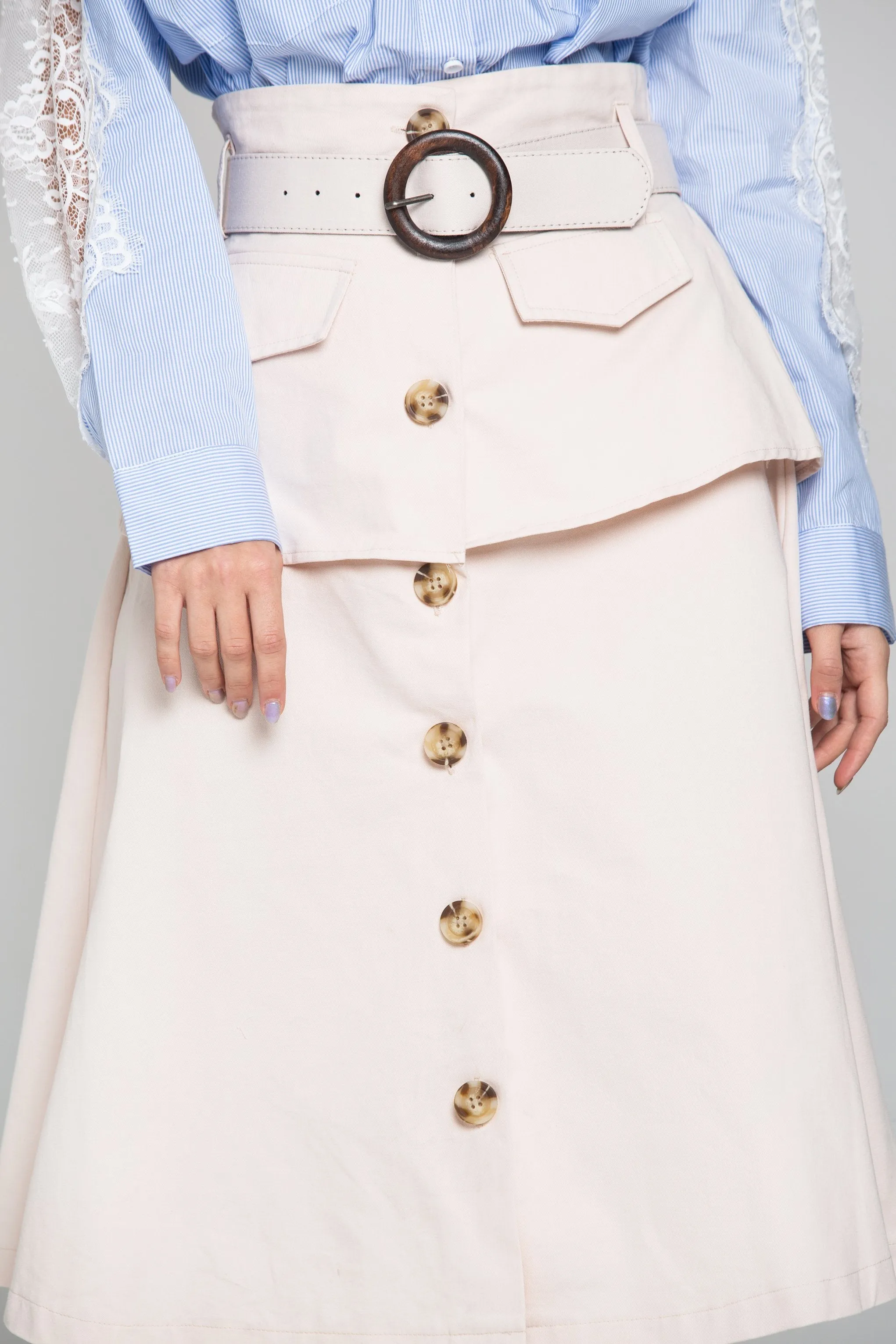 Peach Front Button Belted Skirt