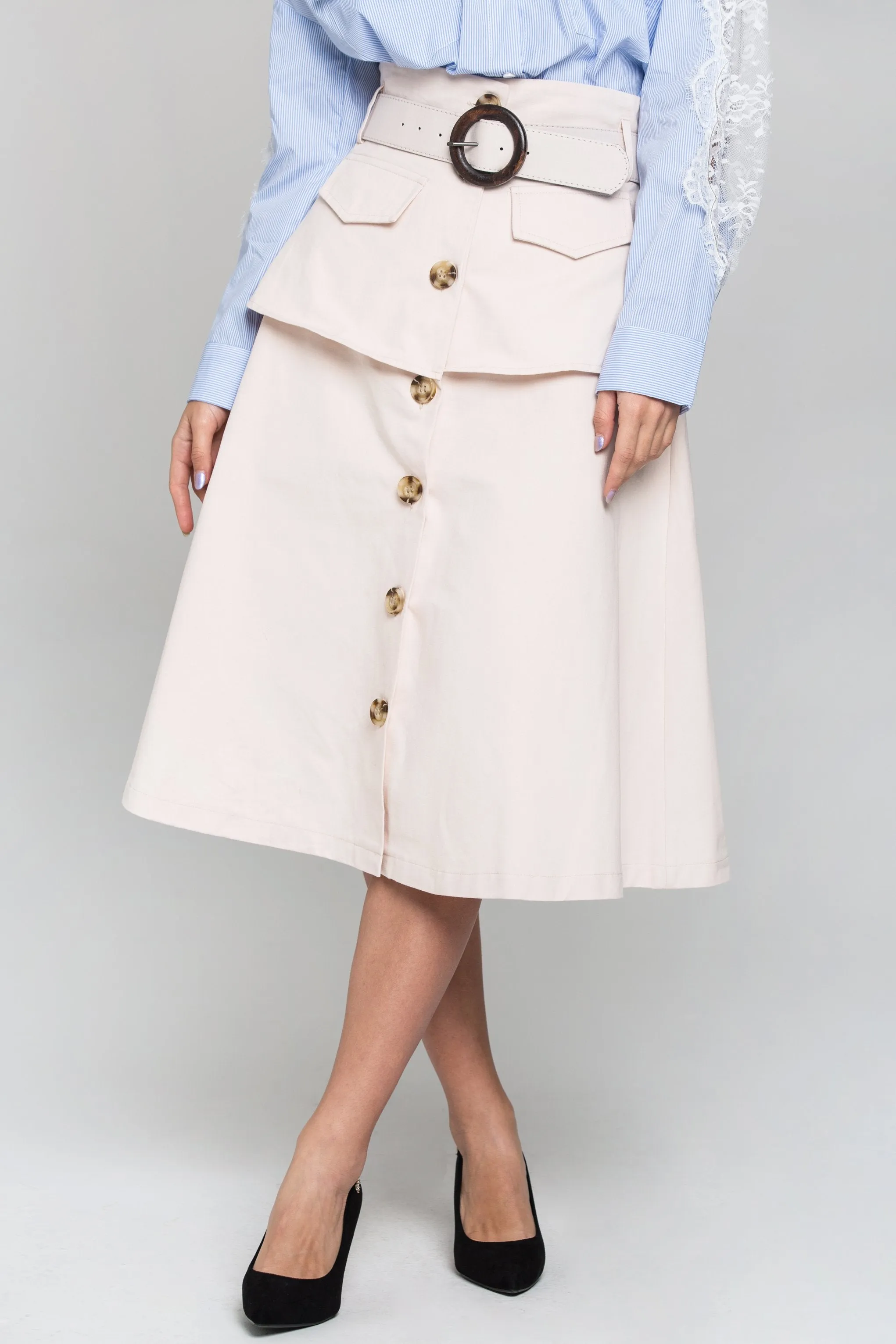 Peach Front Button Belted Skirt