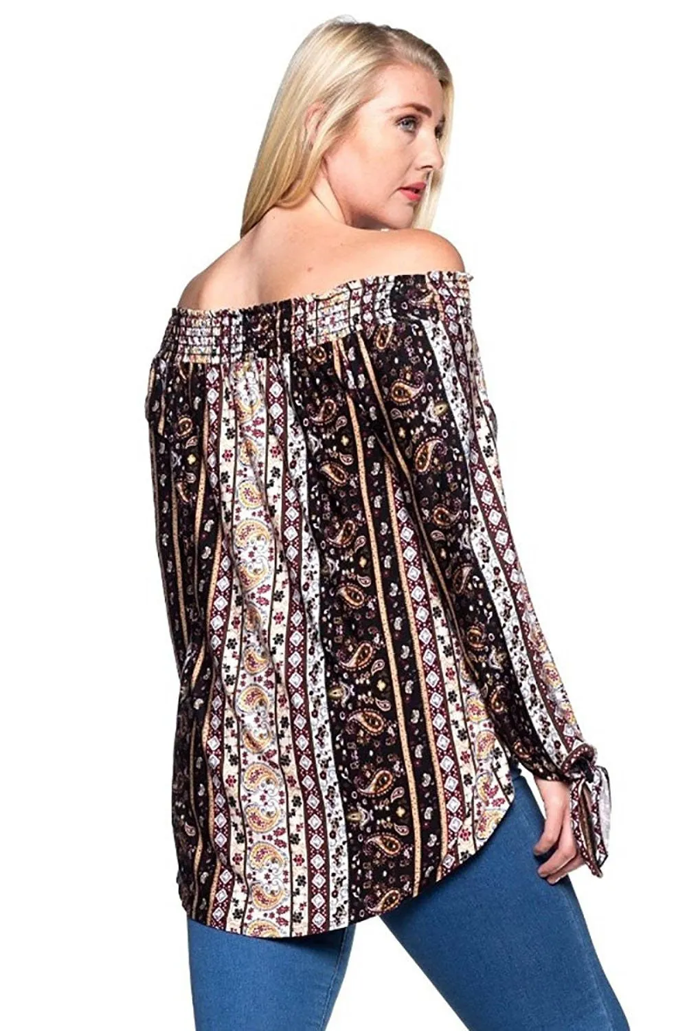 Plus Size Boho Paisley Print Off the Shoulder Fashion Top U.S.A