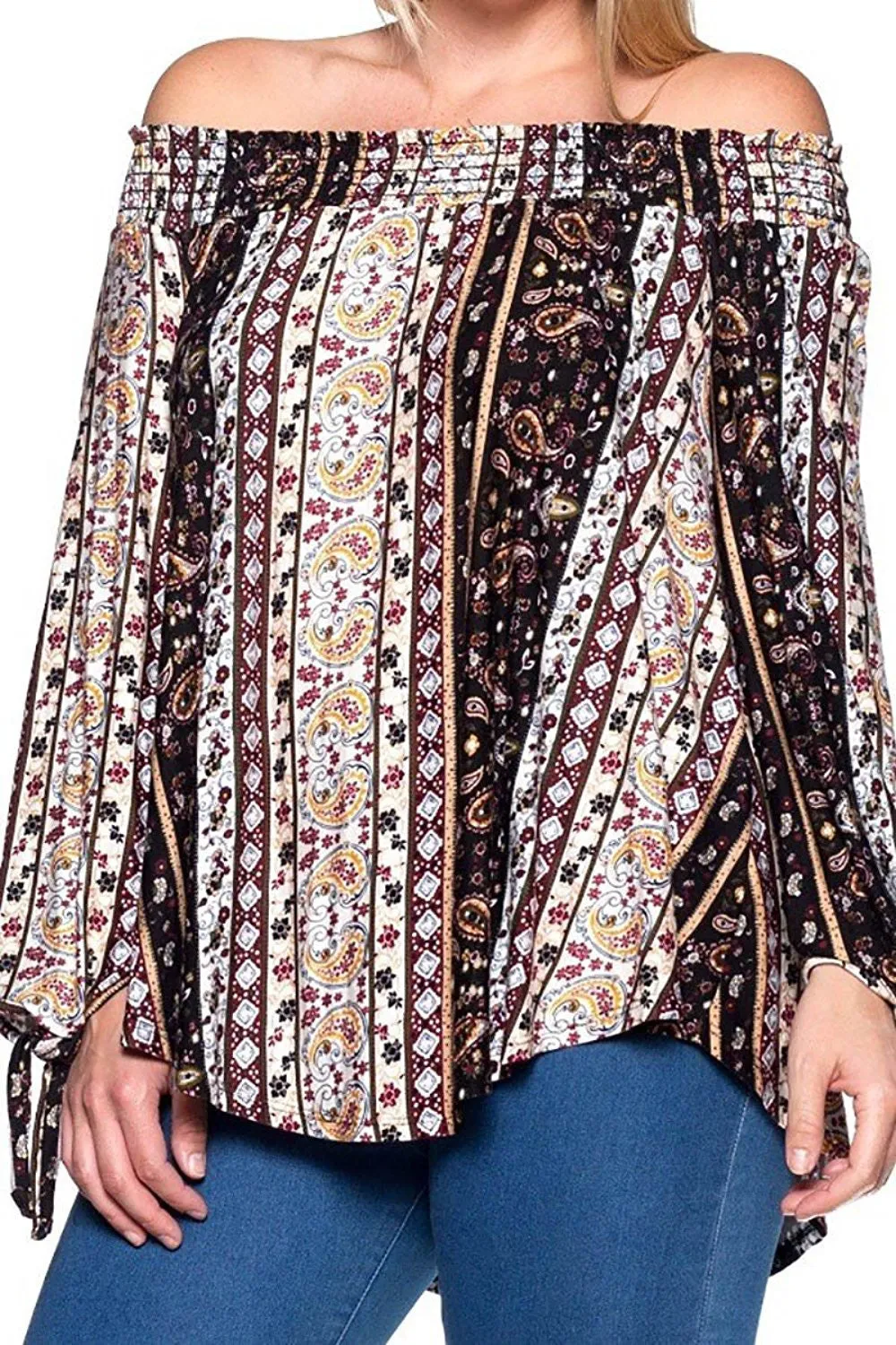 Plus Size Boho Paisley Print Off the Shoulder Fashion Top U.S.A