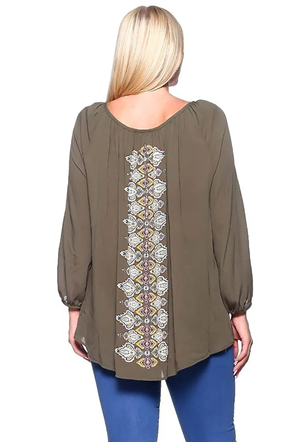 Plus Size Olive Paisley Print Gauze Shirred Peasant Top U.S.A