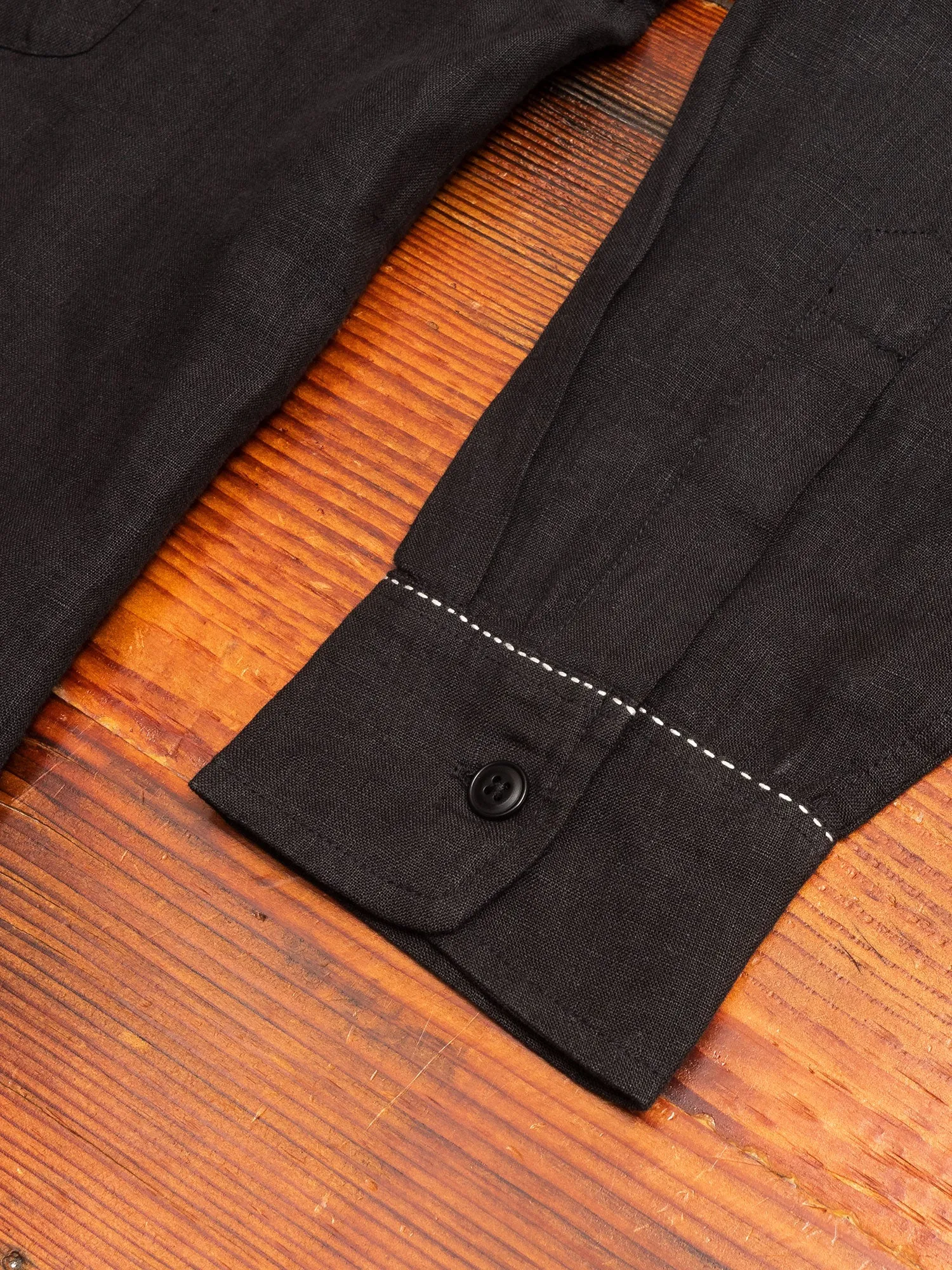 "Studio Embroidered" Loop Collar Shirt in Black Linen