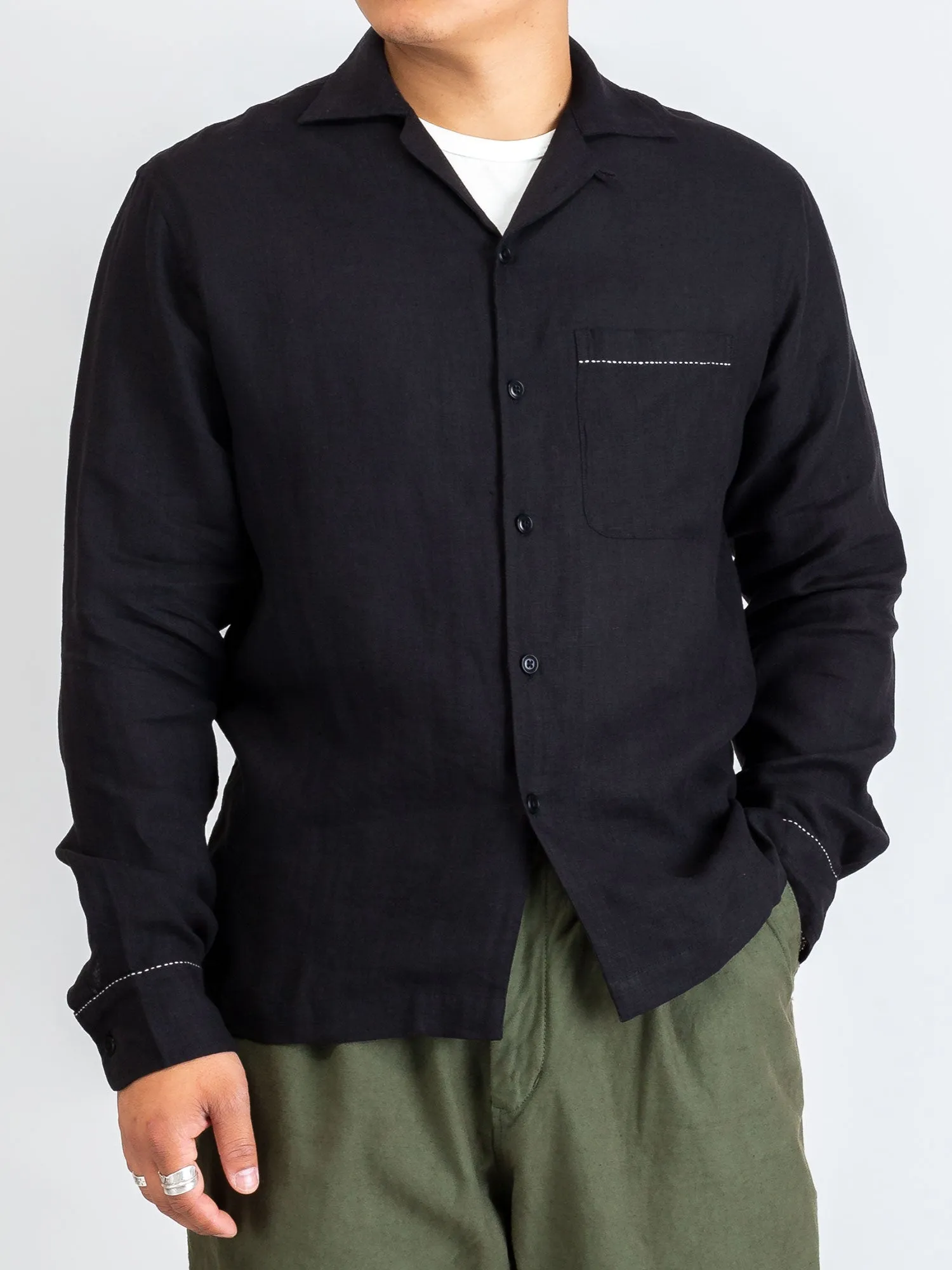 "Studio Embroidered" Loop Collar Shirt in Black Linen