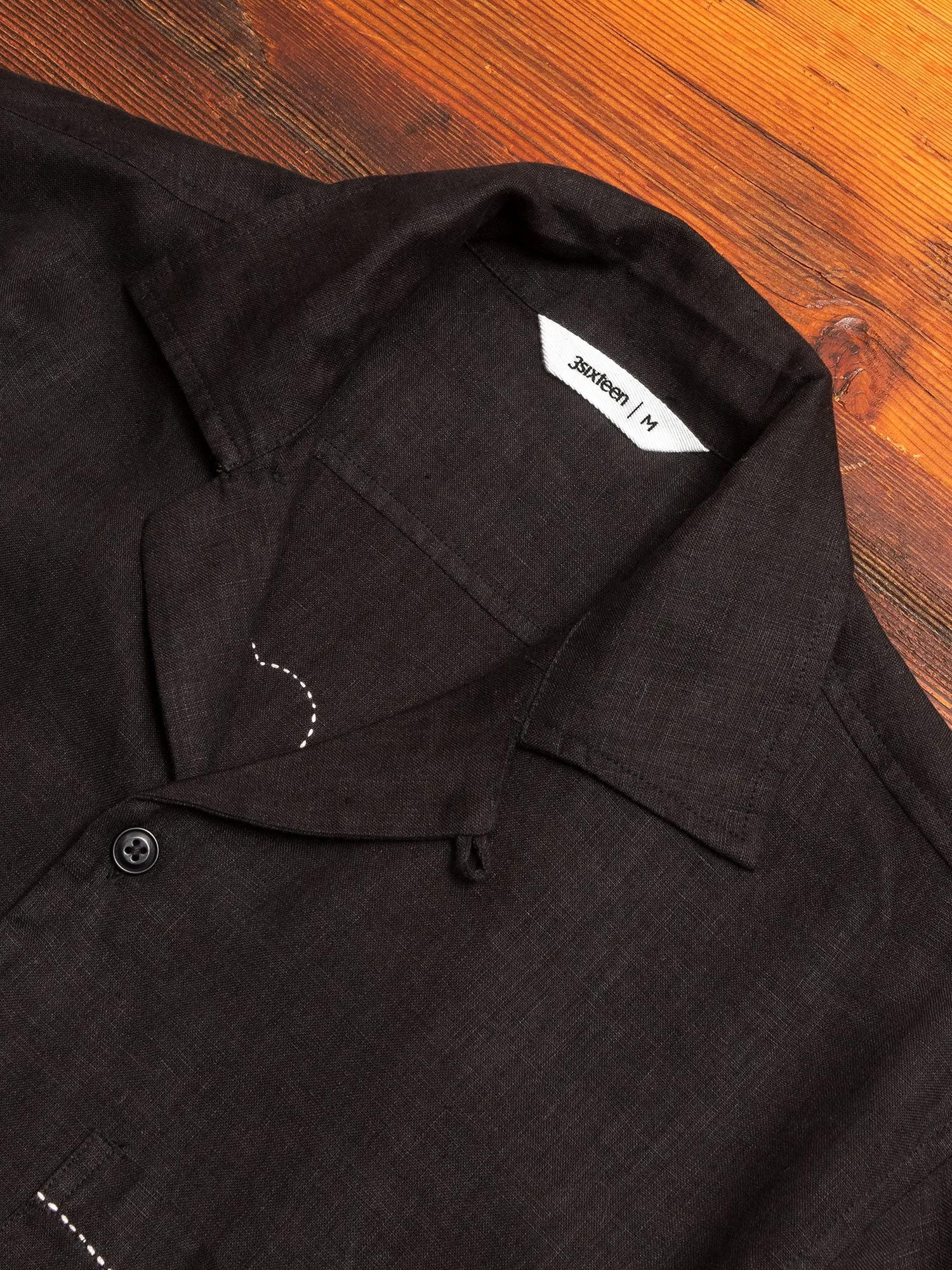 "Studio Embroidered" Loop Collar Shirt in Black Linen