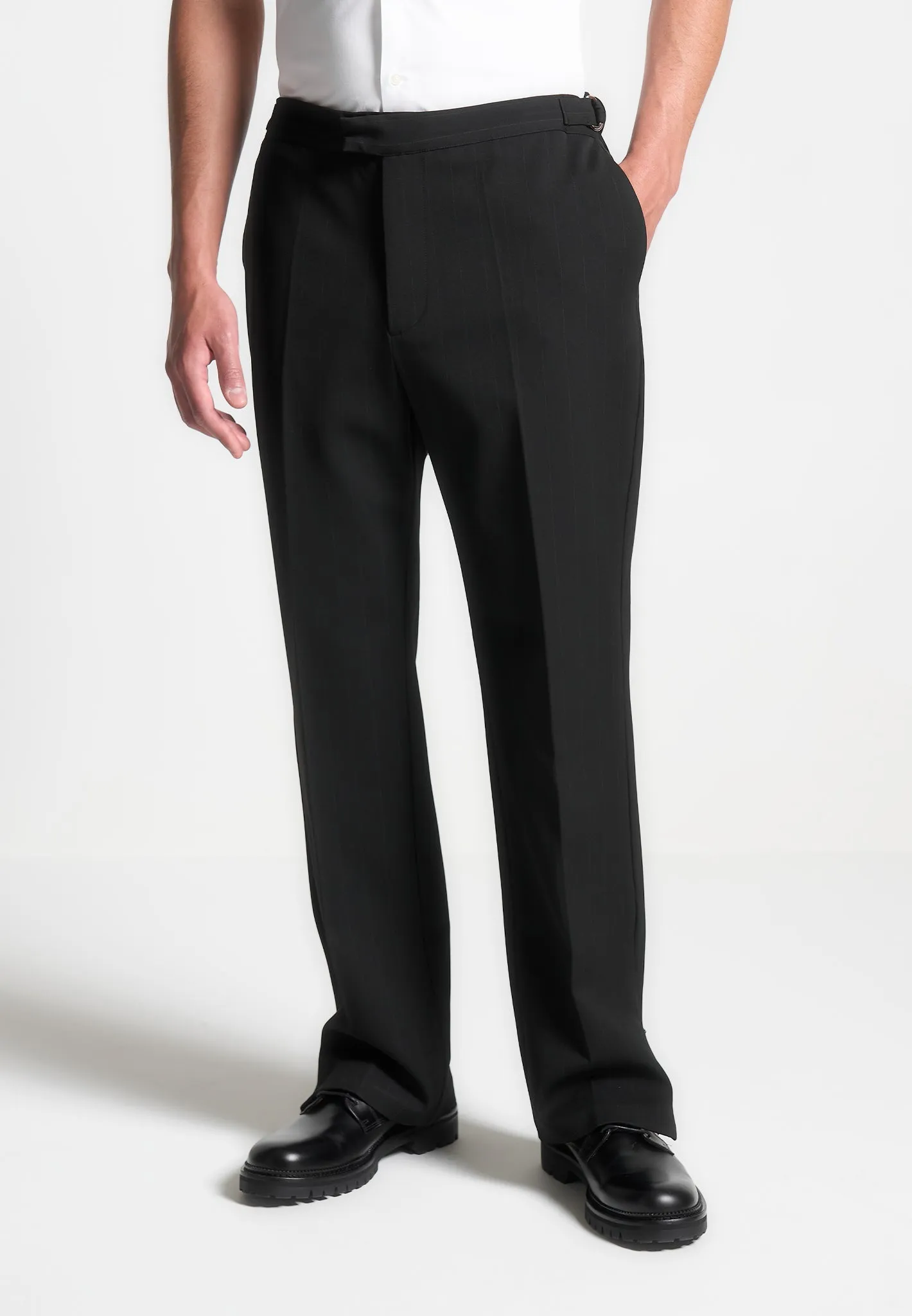 Regular Fit Pinstripe Tailored Trousers - Black