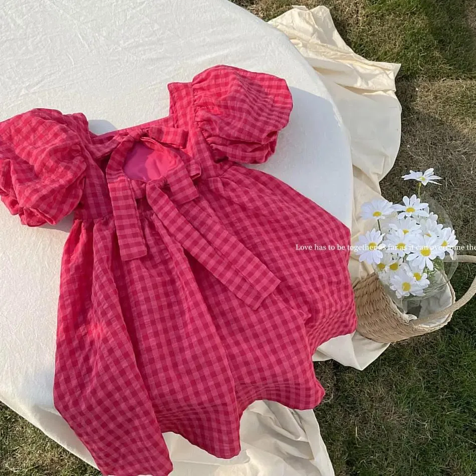 Rose Pink Plaid Balloon Sleeve Dress