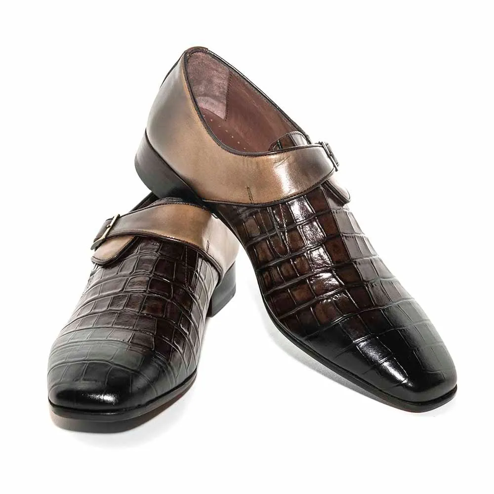 SIGOTTO Uomo Croc Monk Brown Crocodile Buckle Dress Shoes