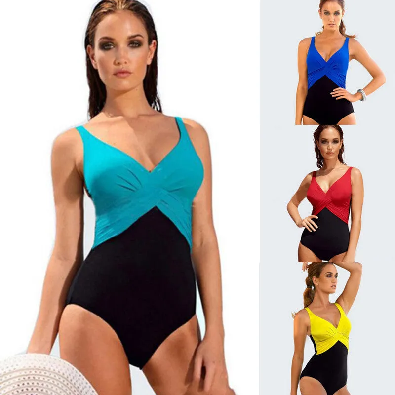 Solid Color One piece Swimsuit Contrast Color