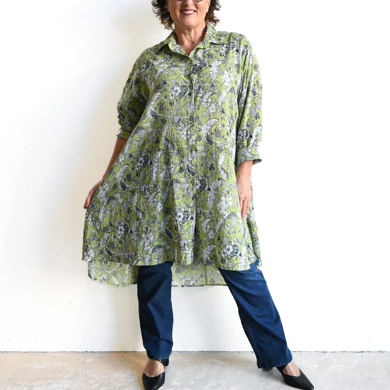 Stepping Out Long Cotton Shirt - Botanical