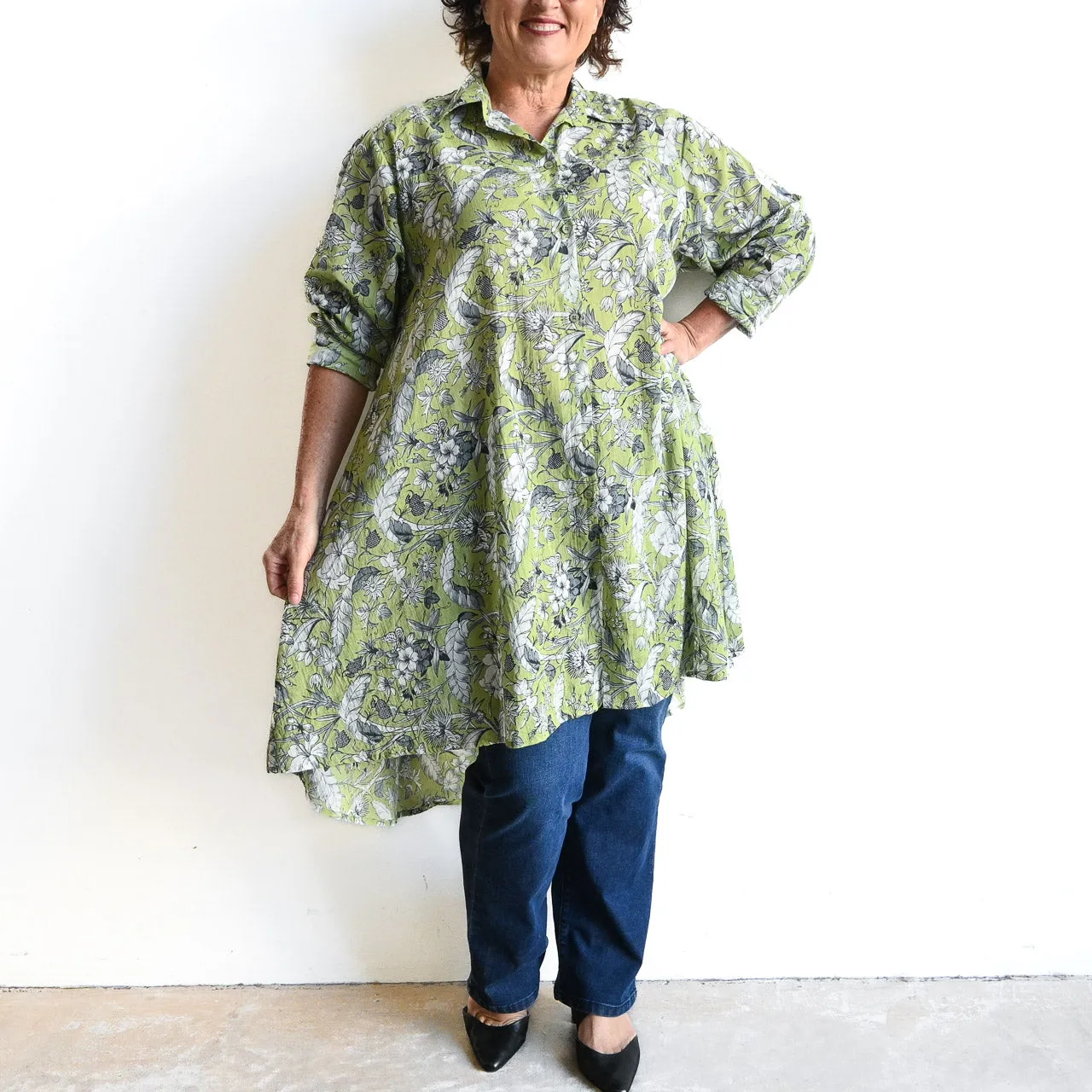 Stepping Out Long Cotton Shirt - Botanical