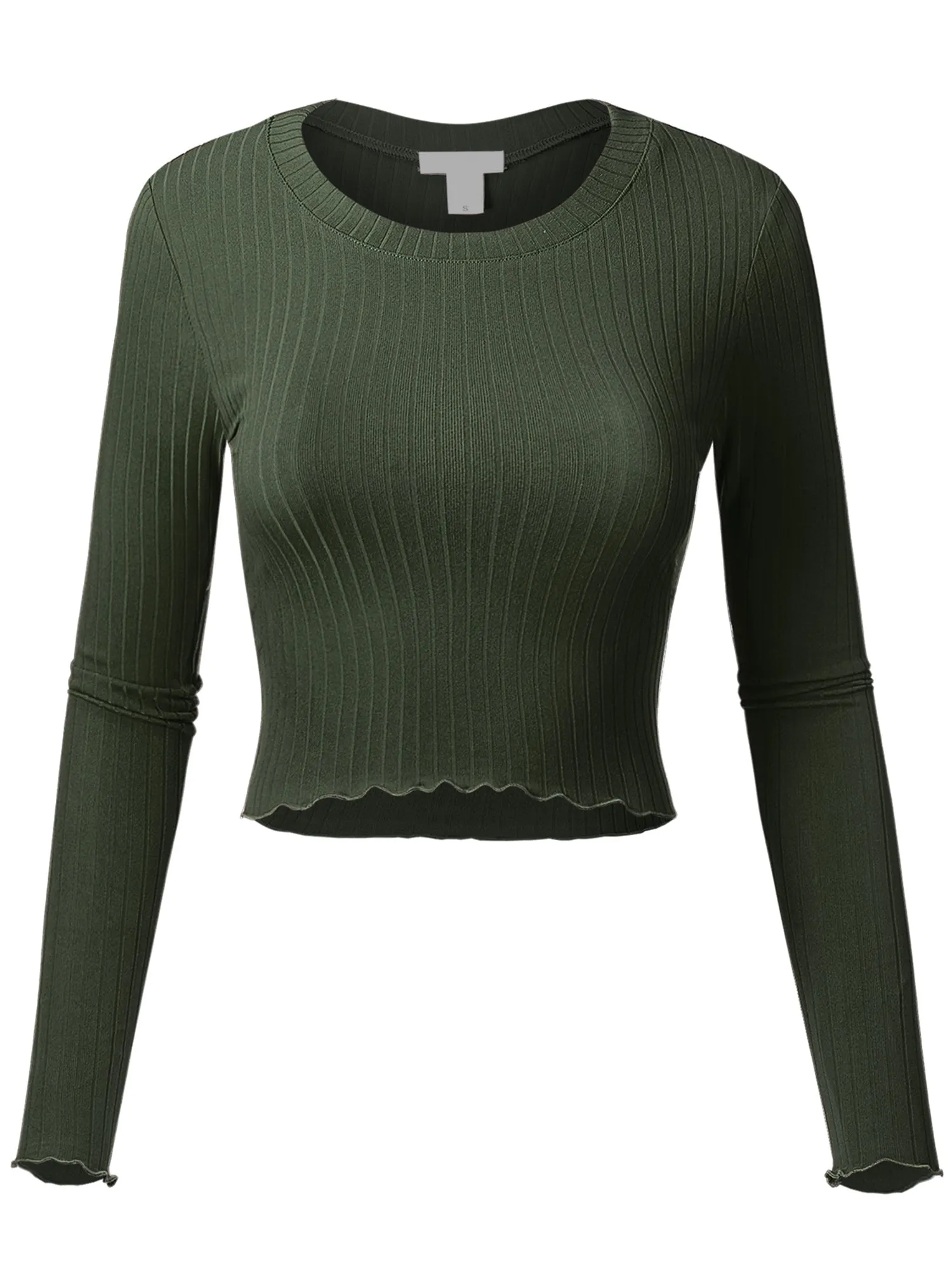 Women's Basic Casual Long Sleeve Rib Crop Tee Top Shirt (FWT1095)