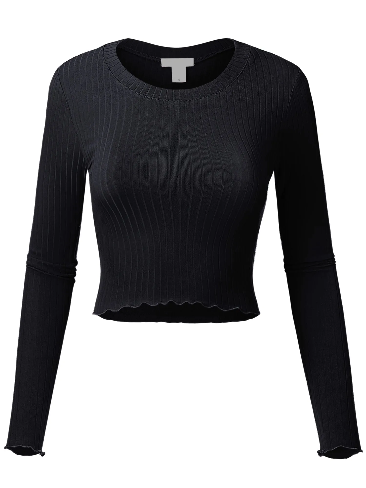 Women's Basic Casual Long Sleeve Rib Crop Tee Top Shirt (FWT1095)