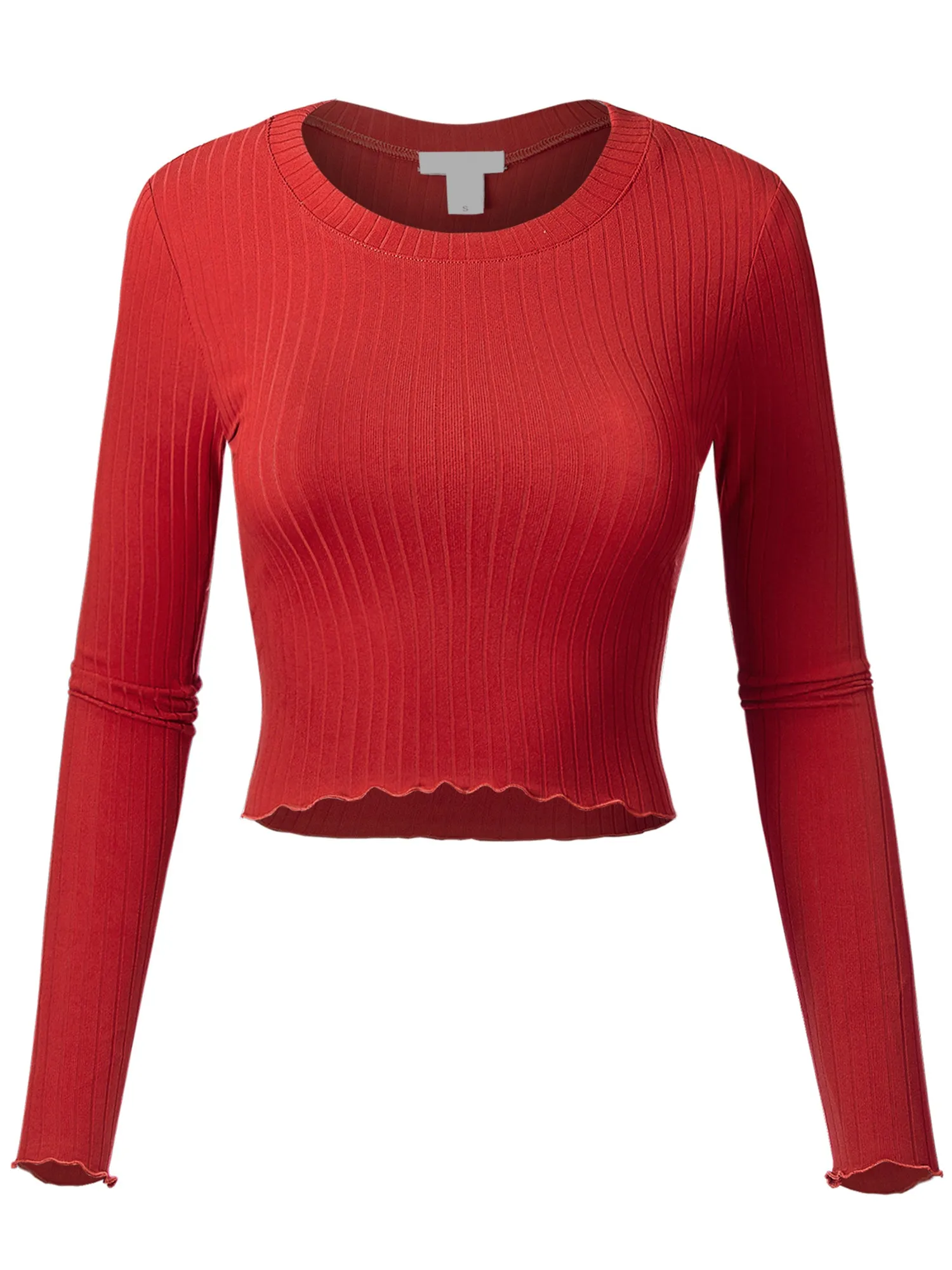 Women's Basic Casual Long Sleeve Rib Crop Tee Top Shirt (FWT1095)