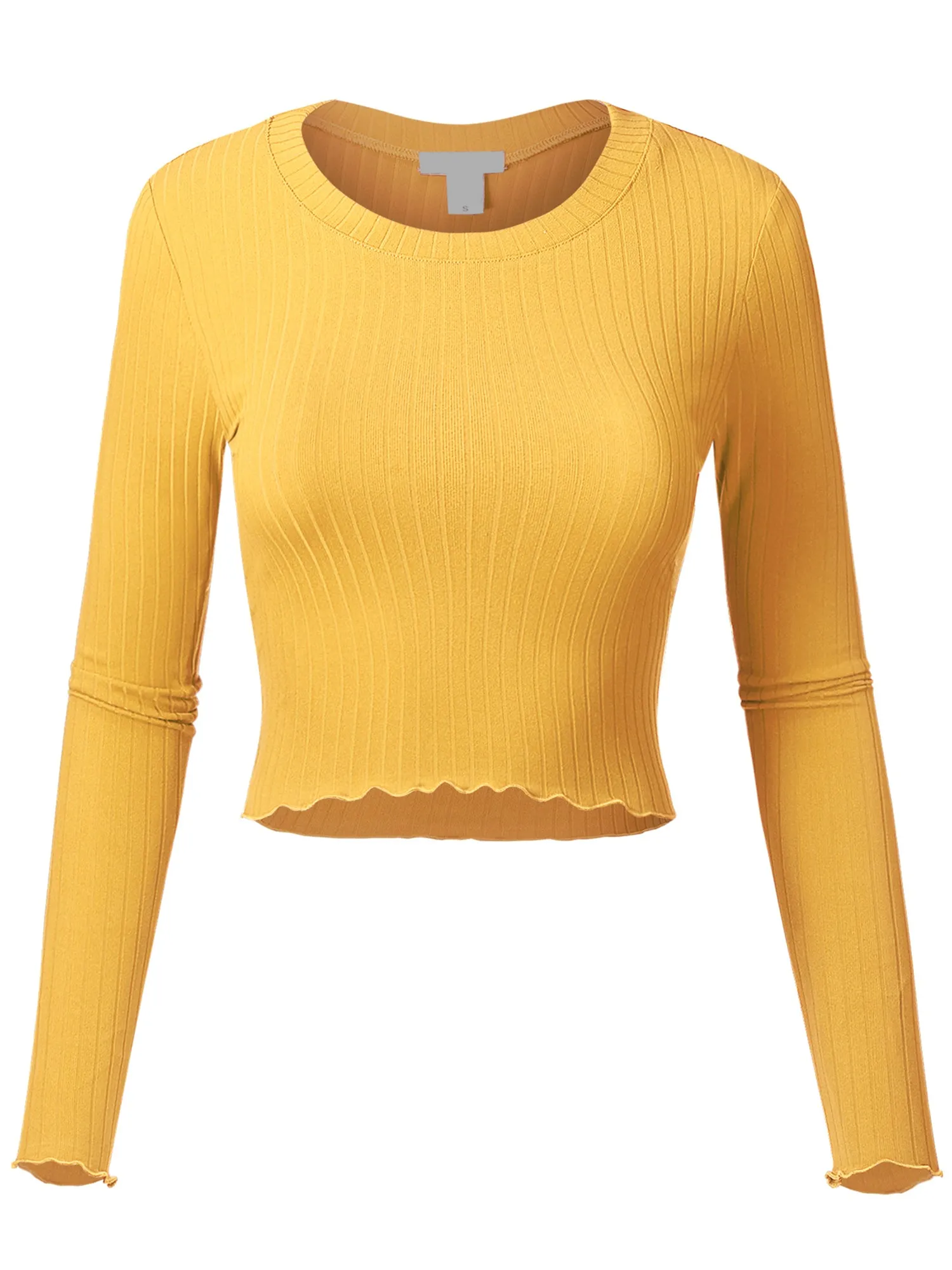 Women's Basic Casual Long Sleeve Rib Crop Tee Top Shirt (FWT1095)