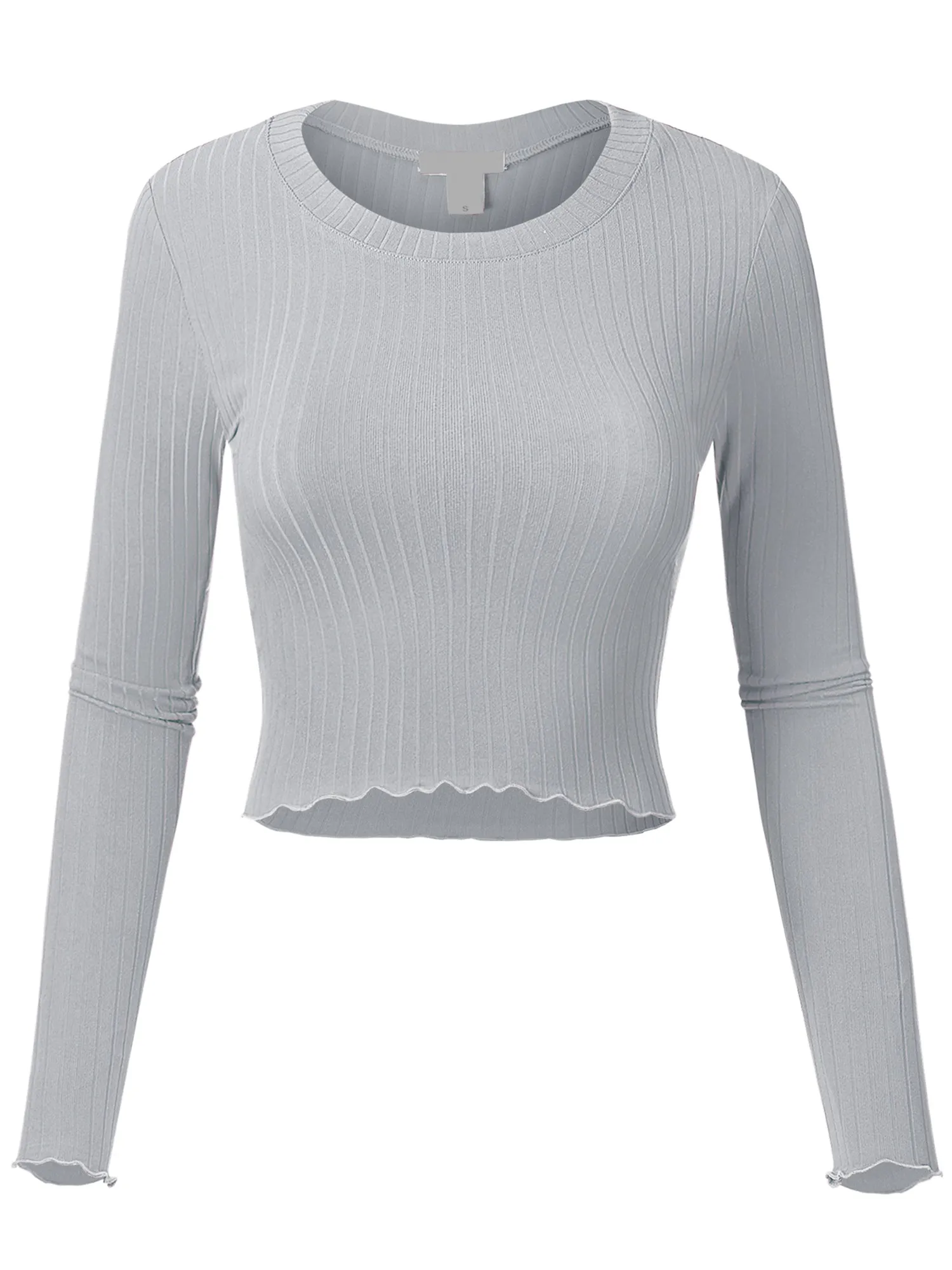 Women's Basic Casual Long Sleeve Rib Crop Tee Top Shirt (FWT1095)