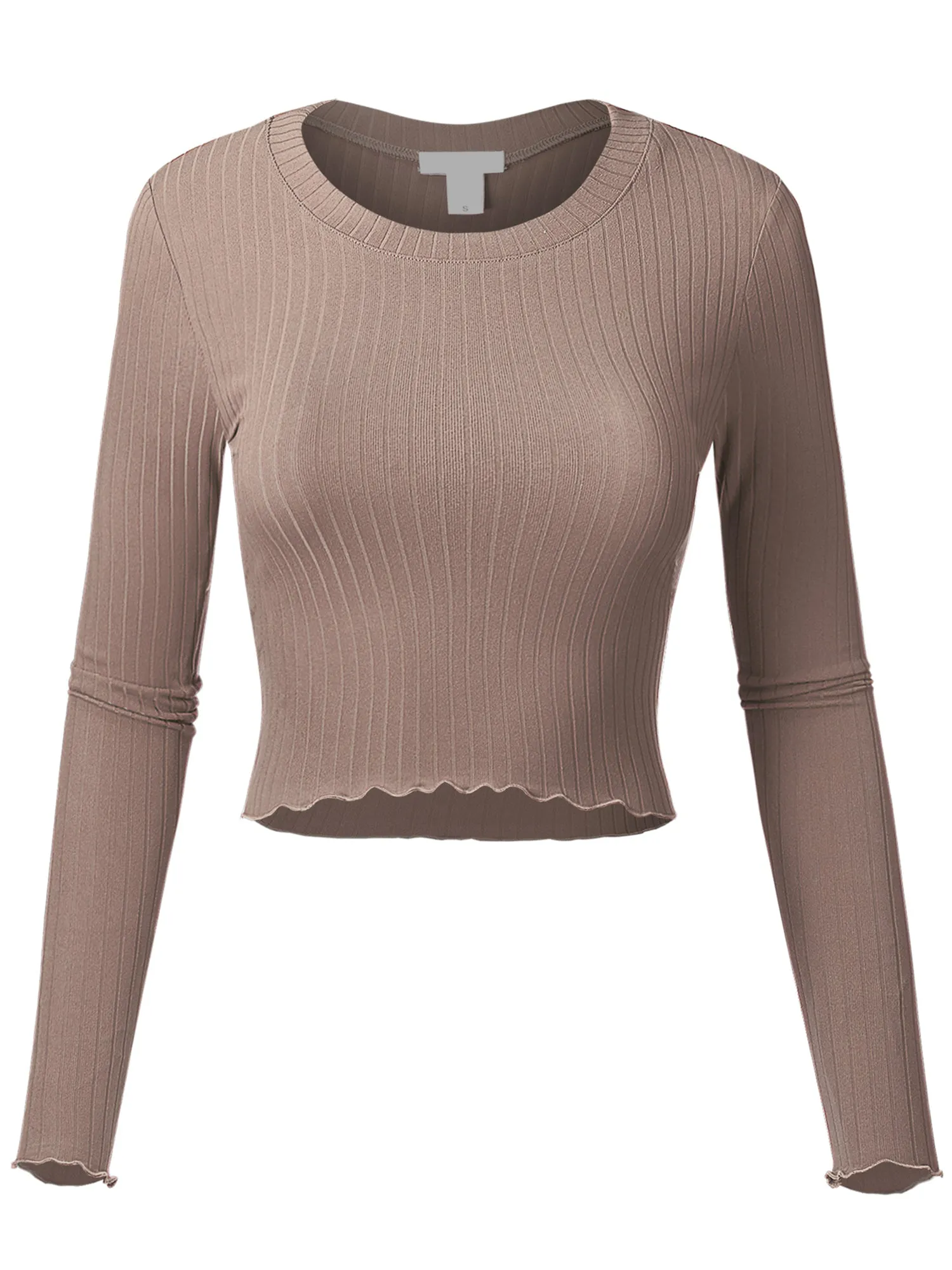 Women's Basic Casual Long Sleeve Rib Crop Tee Top Shirt (FWT1095)