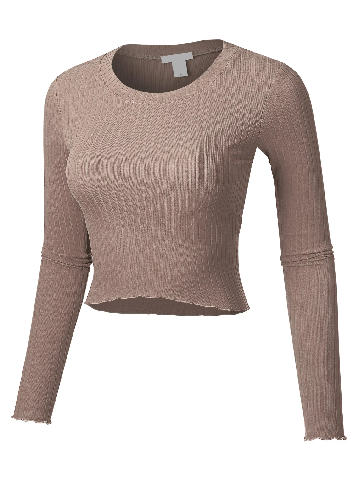 Women's Basic Casual Long Sleeve Rib Crop Tee Top Shirt (FWT1095)