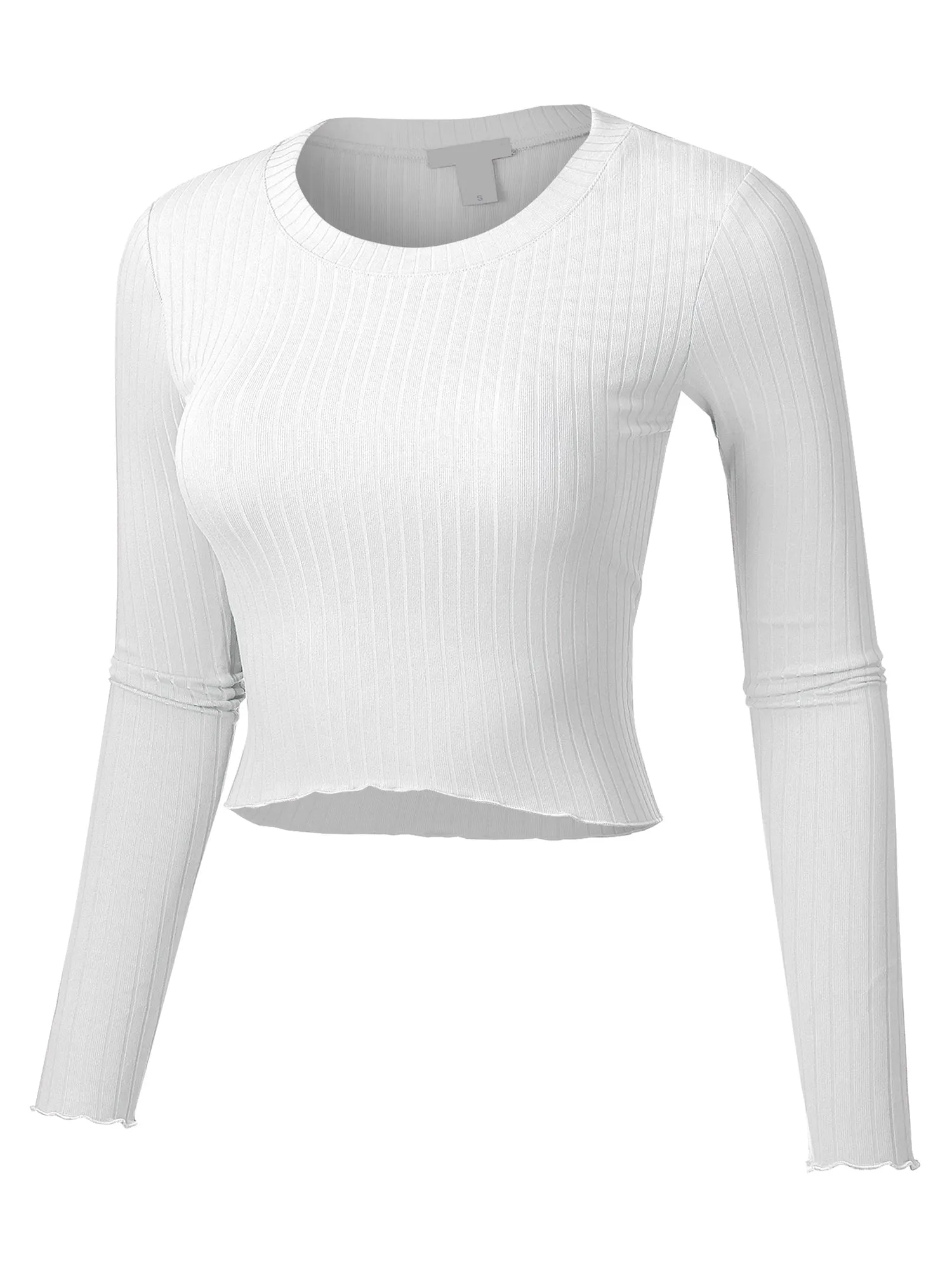 Women's Basic Casual Long Sleeve Rib Crop Tee Top Shirt (FWT1095)