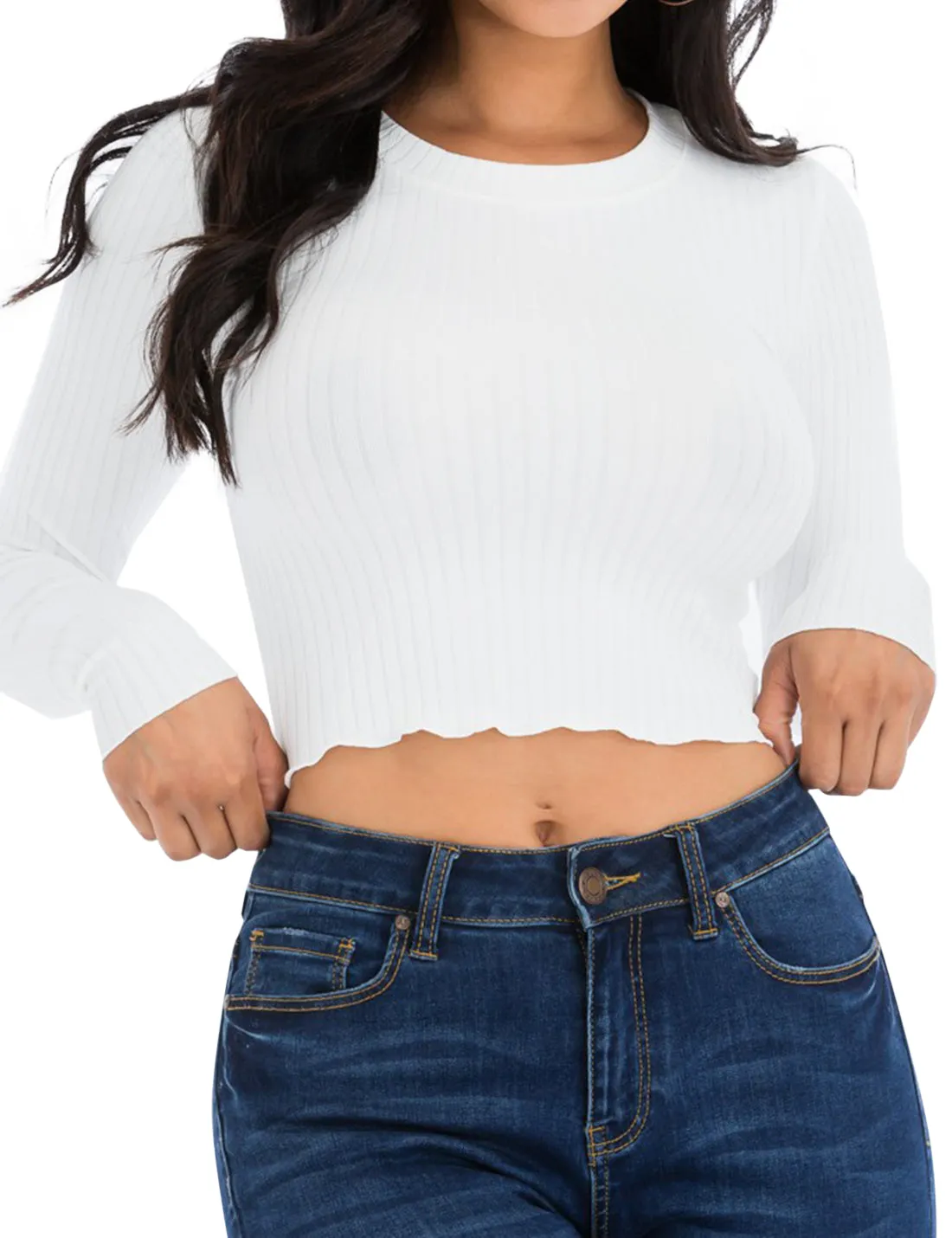 Women's Basic Casual Long Sleeve Rib Crop Tee Top Shirt (FWT1095)