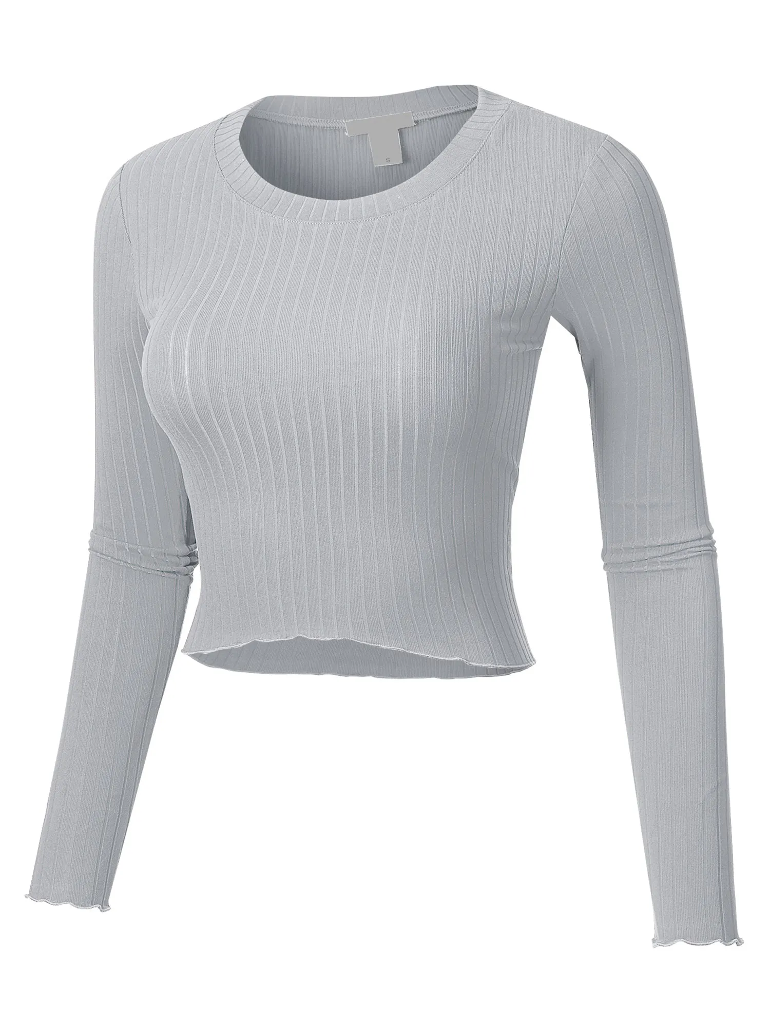 Women's Basic Casual Long Sleeve Rib Crop Tee Top Shirt (FWT1095)