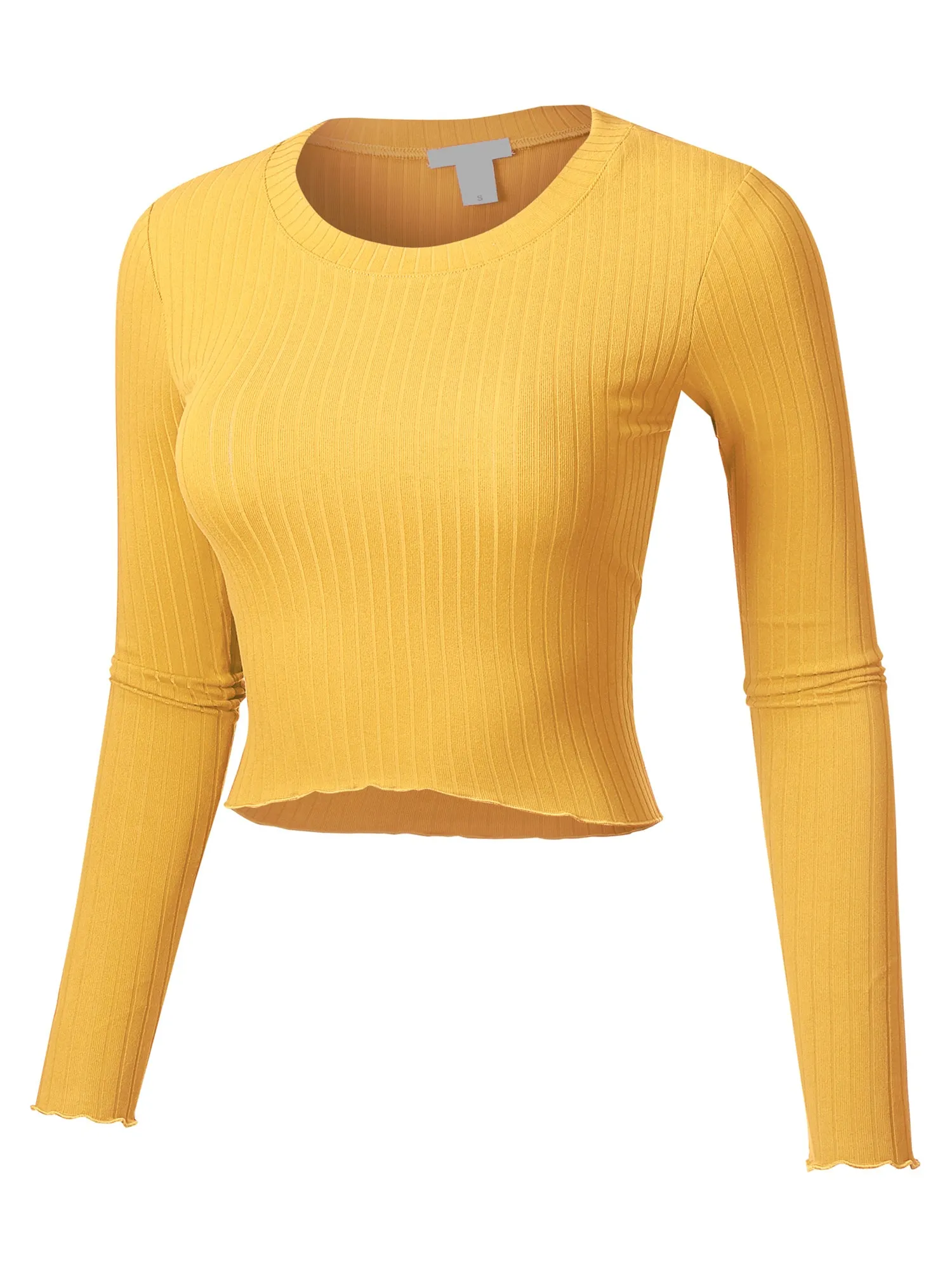 Women's Basic Casual Long Sleeve Rib Crop Tee Top Shirt (FWT1095)