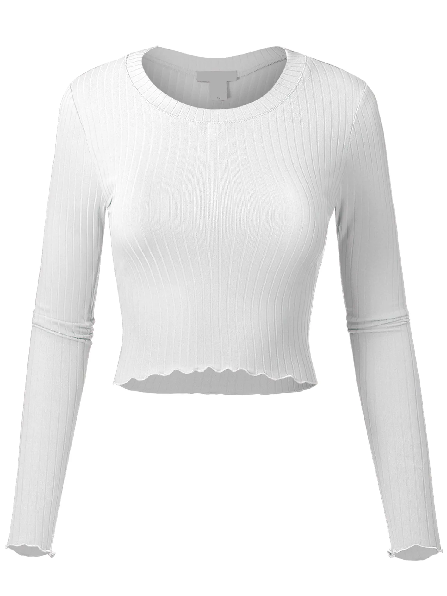 Women's Basic Casual Long Sleeve Rib Crop Tee Top Shirt (FWT1095)