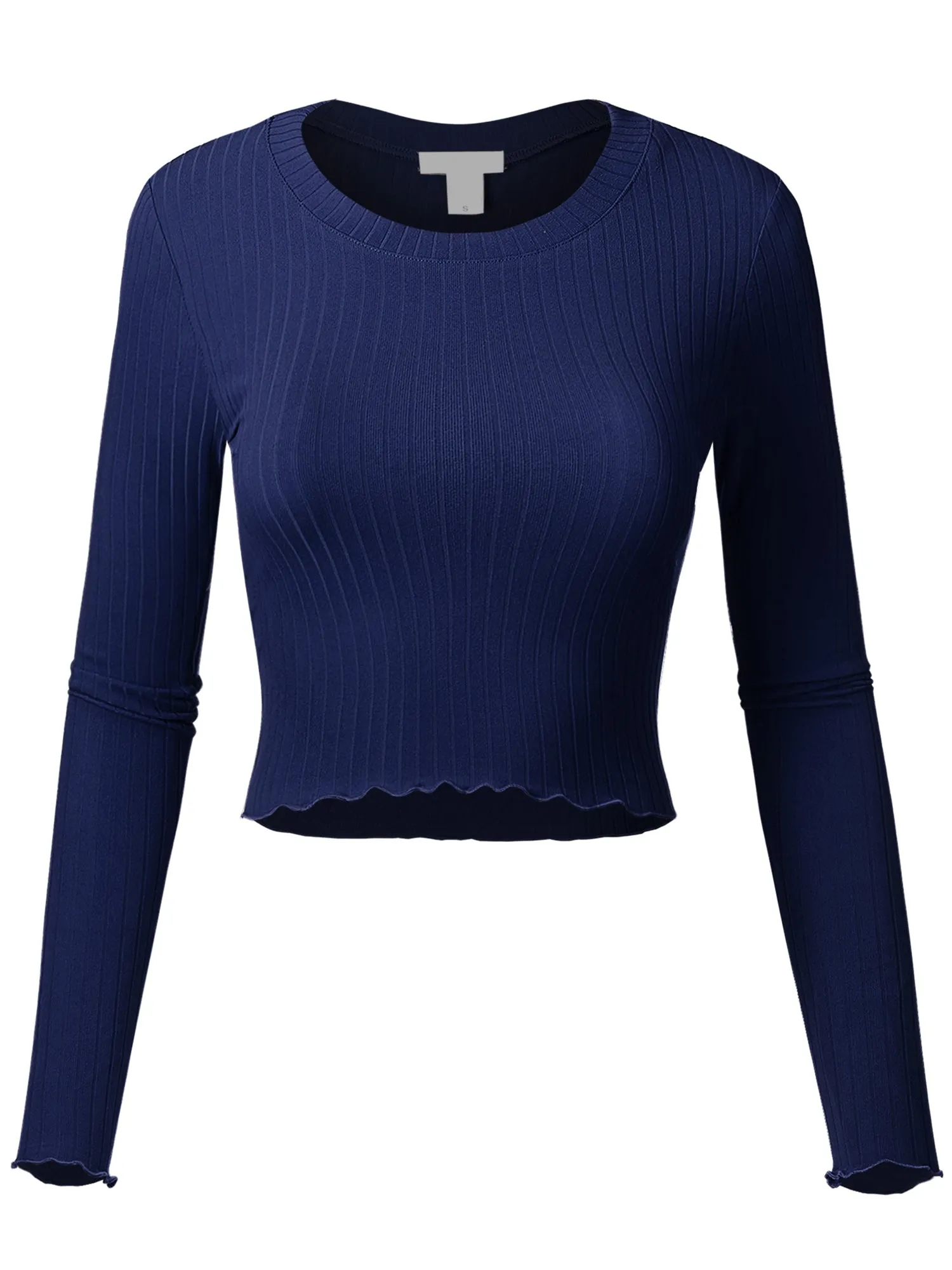 Women's Basic Casual Long Sleeve Rib Crop Tee Top Shirt (FWT1095)