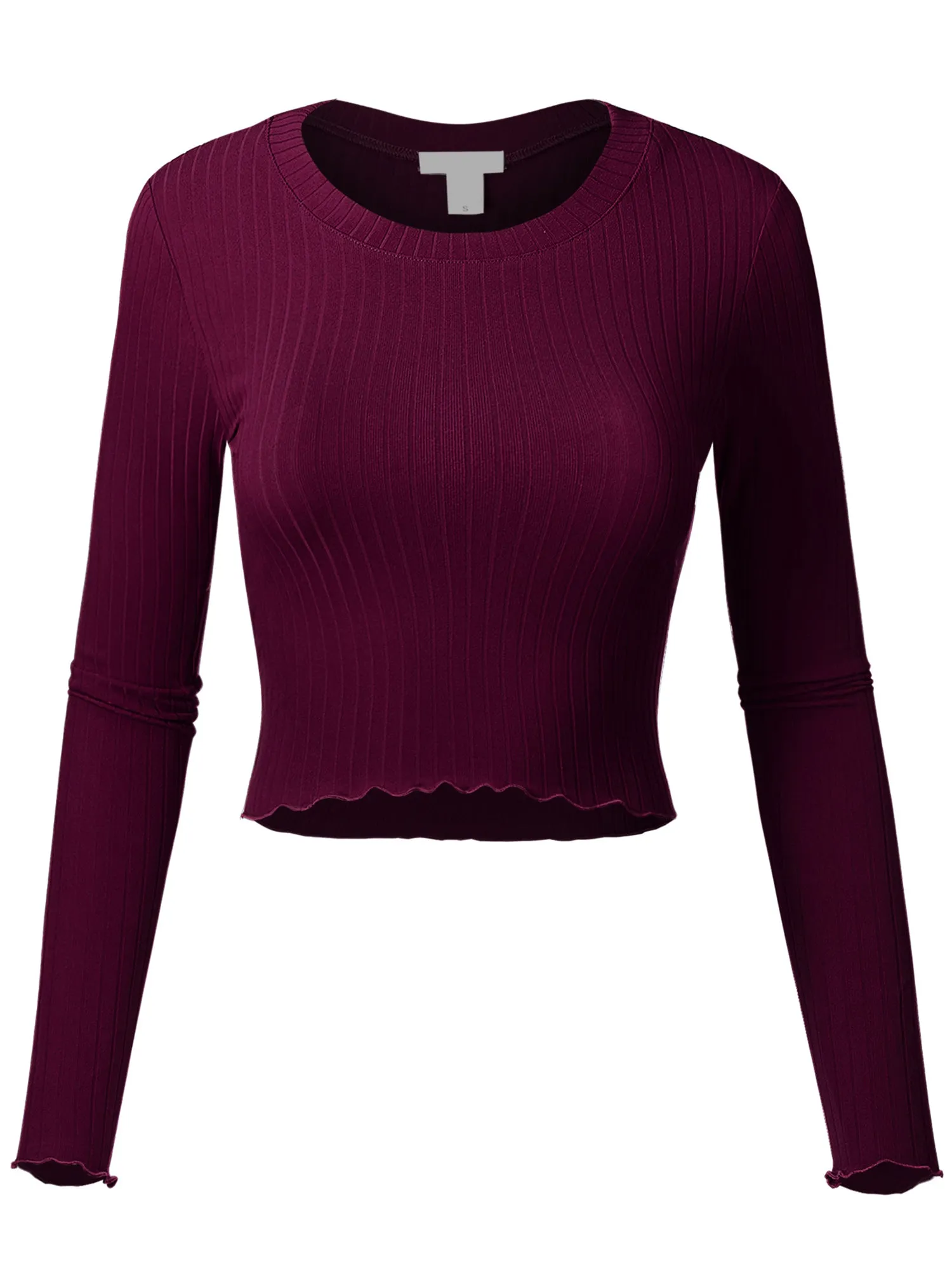 Women's Basic Casual Long Sleeve Rib Crop Tee Top Shirt (FWT1095)