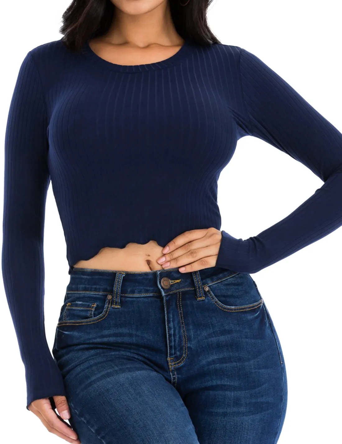 Women's Basic Casual Long Sleeve Rib Crop Tee Top Shirt (FWT1095)