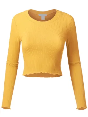 Women's Basic Casual Long Sleeve Rib Crop Tee Top Shirt (FWT1095)