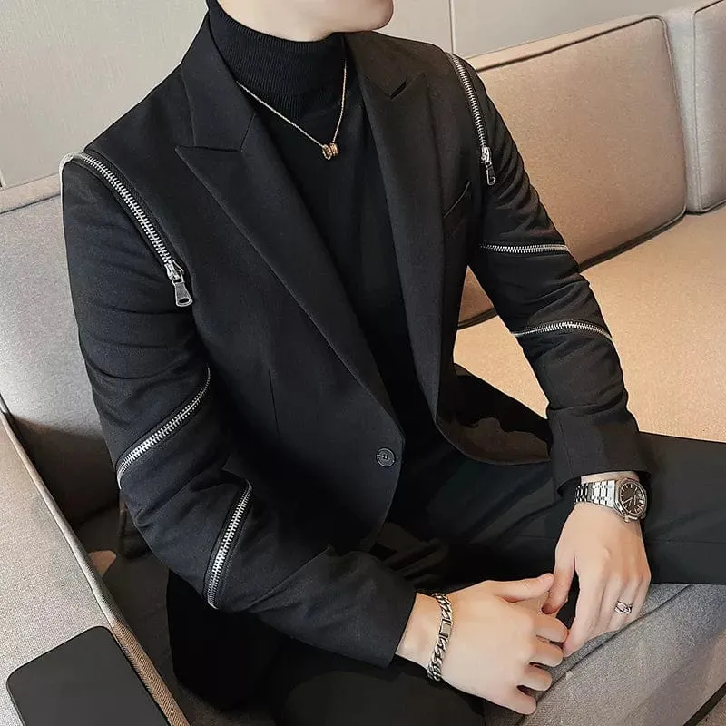 Zipper Decoration Blazer Men's Smart Slim Casual Suit Jacket