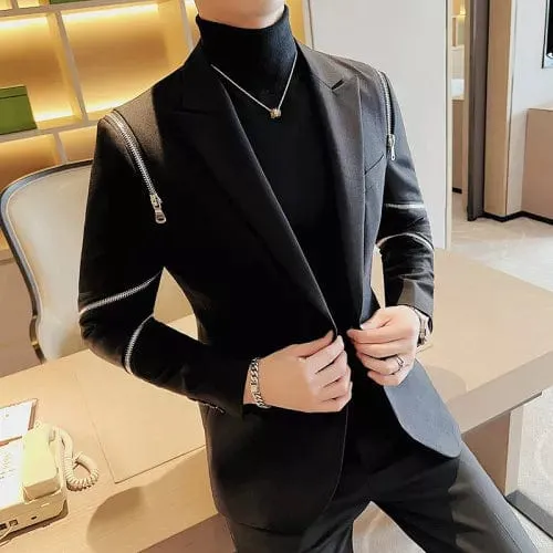 Zipper Decoration Blazer Men's Smart Slim Casual Suit Jacket